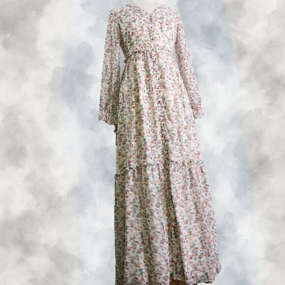 MIKAROSE Floral Cottage Maxi Dress Size Small Romantic Tiered Long Sleeve - Picture 1 of 16